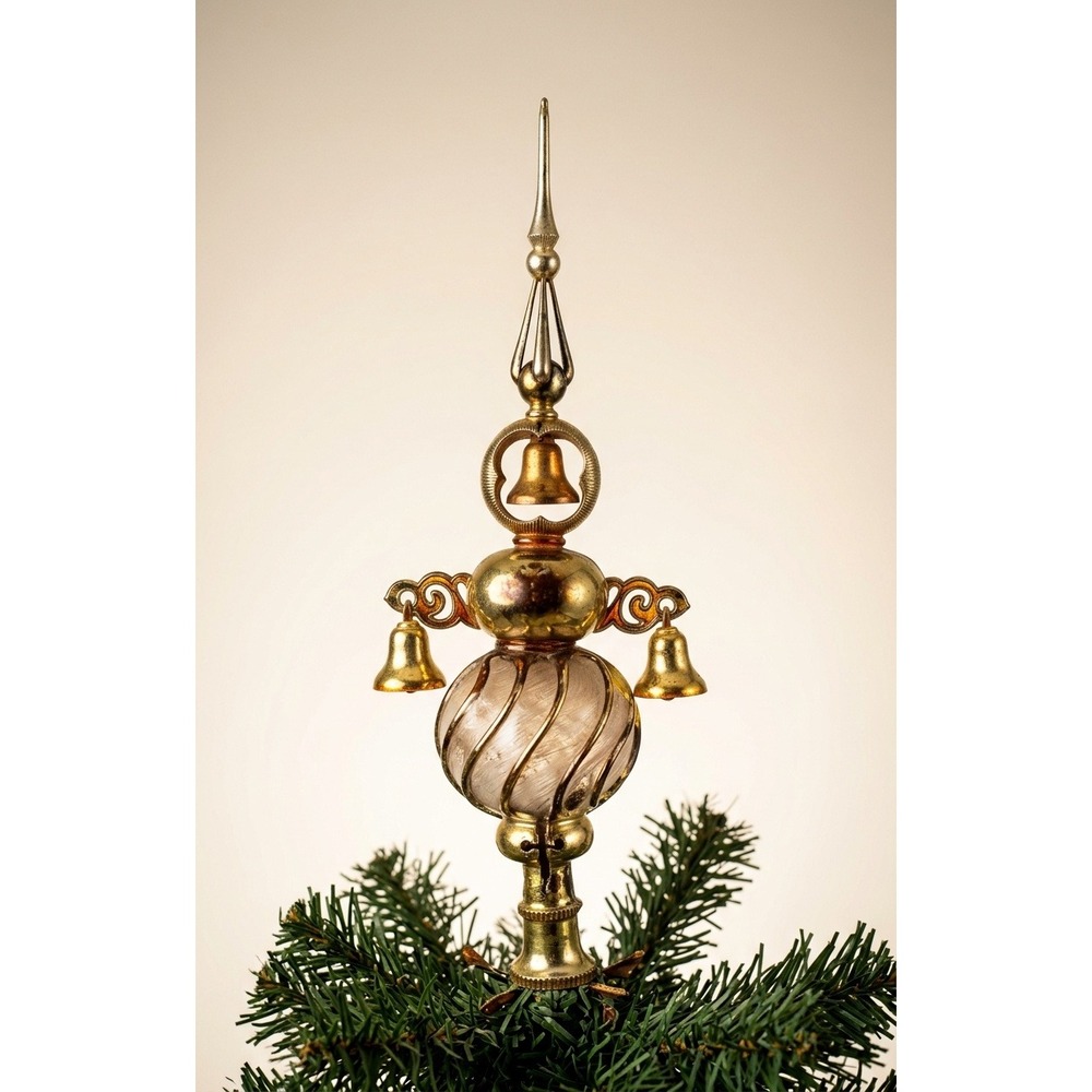 Vintage Bradford Christmas Tree Topper Gold Spire Spun Glass Bells 13"